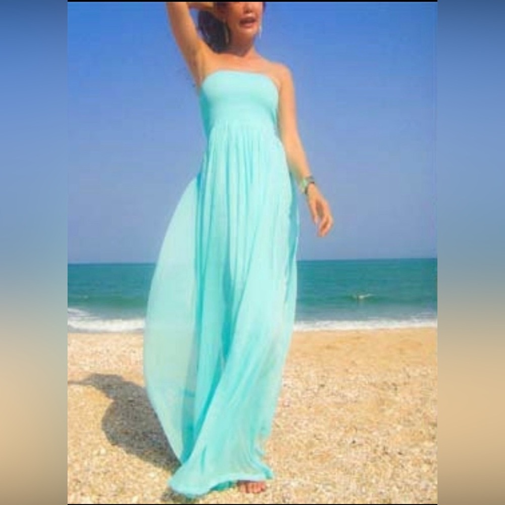 Boutique brand chiffon strapless maxi dress mint turquoise Sz S